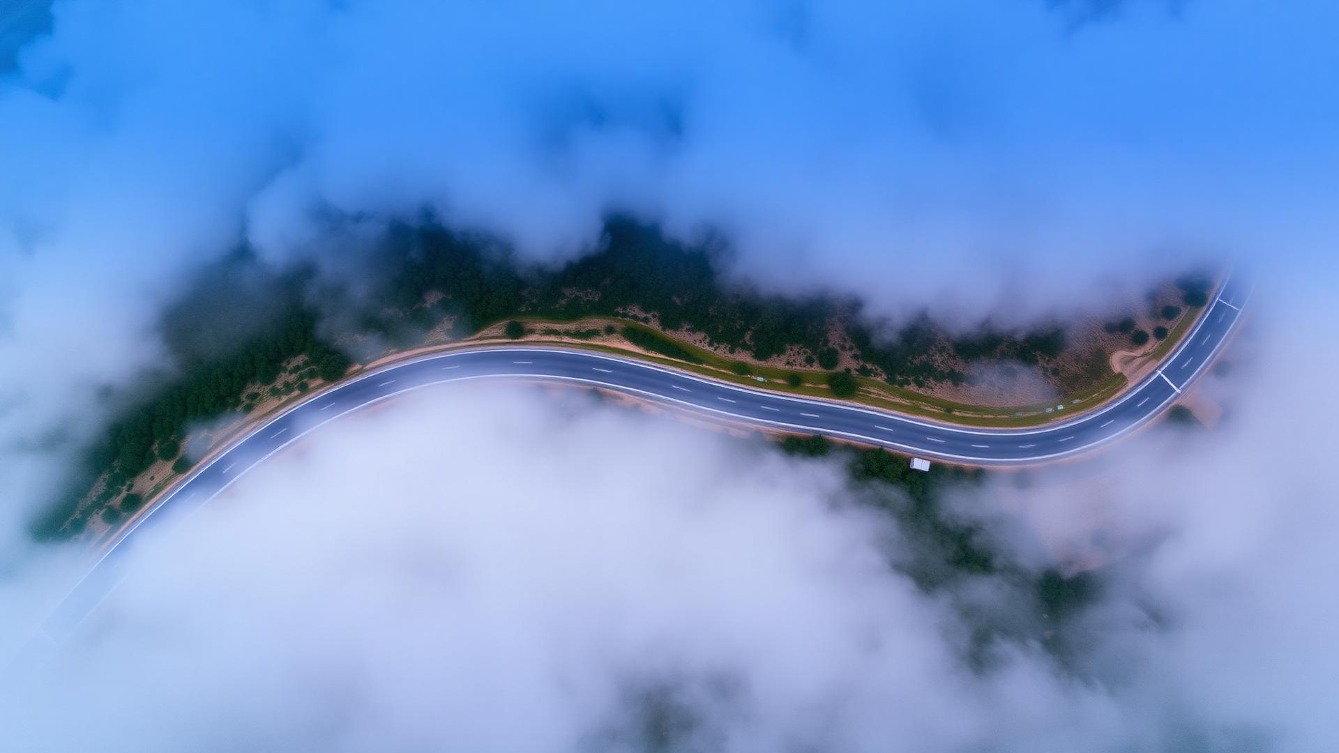 Aerial view of a winding empty road through mist
